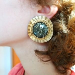 Vintage statement gold earrings large round with brown stone clip-on unique